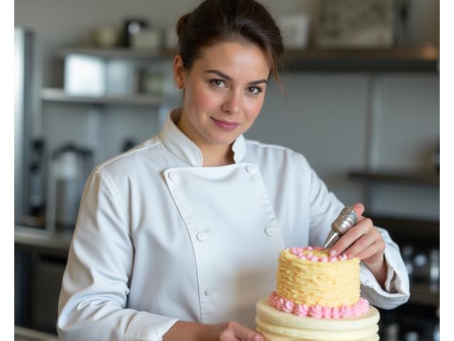 Portrait élégant d'un chef pâtissier décorant une pièce montée avec précision.