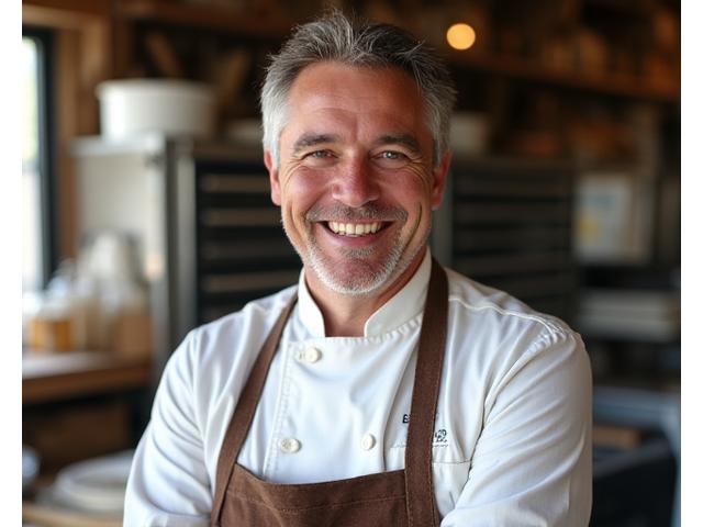 Portrait du fondateur de l'Atelier Belle Fournée, un boulanger souriant dans son atelier.