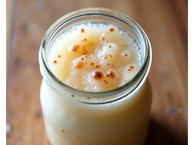 Gros plan sur un levain naturel pétillant dans un bocal en verre, signe de vitalité.