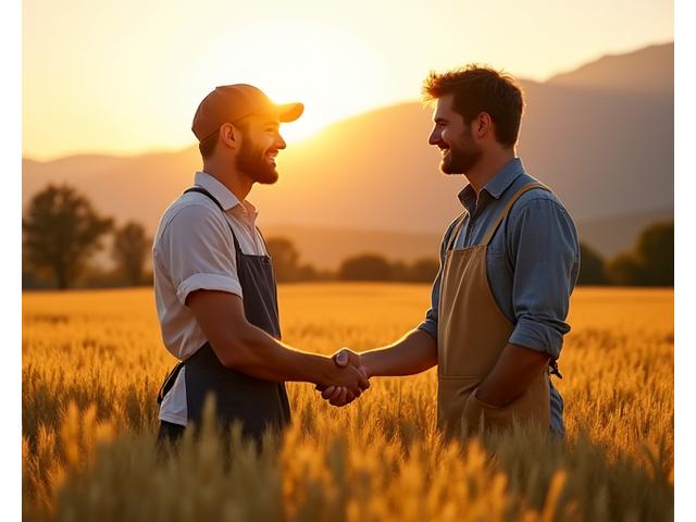 Un agriculteur et un boulanger discutant souriants devant un champ de blé au lever du soleil.
