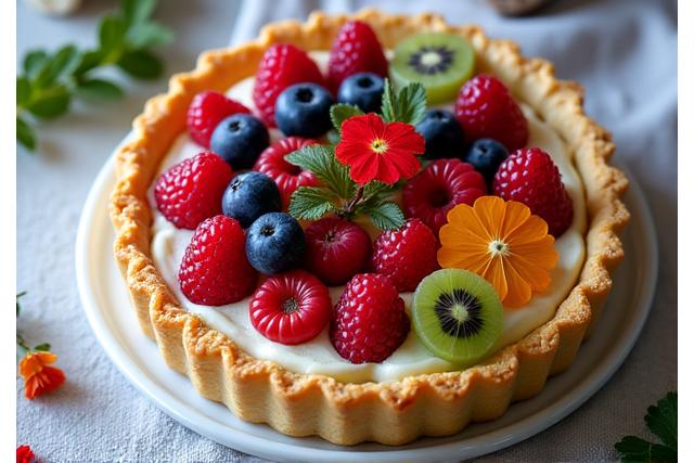 Tarte aux fruits frais de saison, colorée et brillante avec une pâte sablée