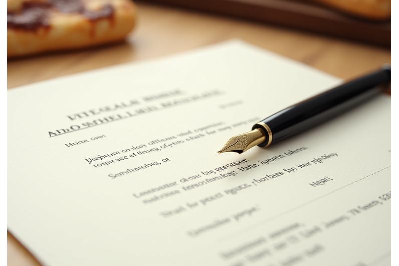Photo d'un document légal et d'un stylo sur une table en bois, symbolisant la clarté et la diligence